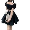 French Design Back Halter Bow Small Black Dress Women's Summer Square Neck Bubble Sleeve Waist Fluffy Dress