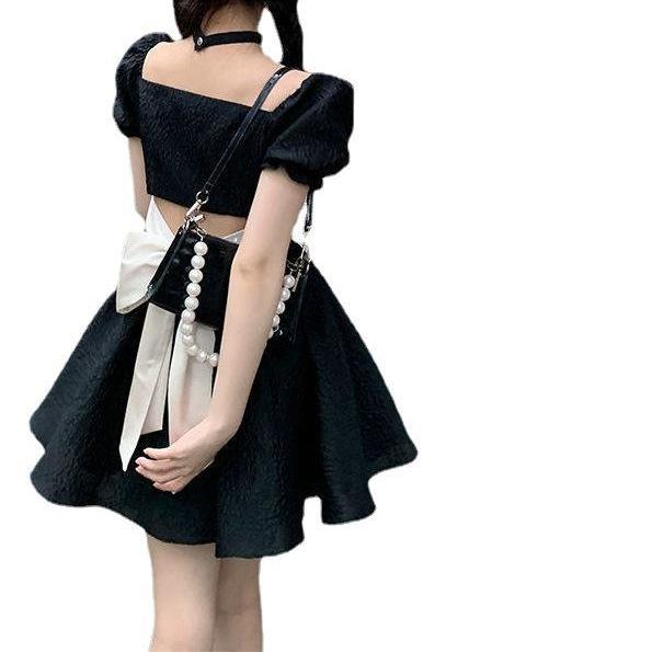 French Design Back Halter Bow Small Black Dress Women's Summer Square Neck Bubble Sleeve Waist Fluffy Dress