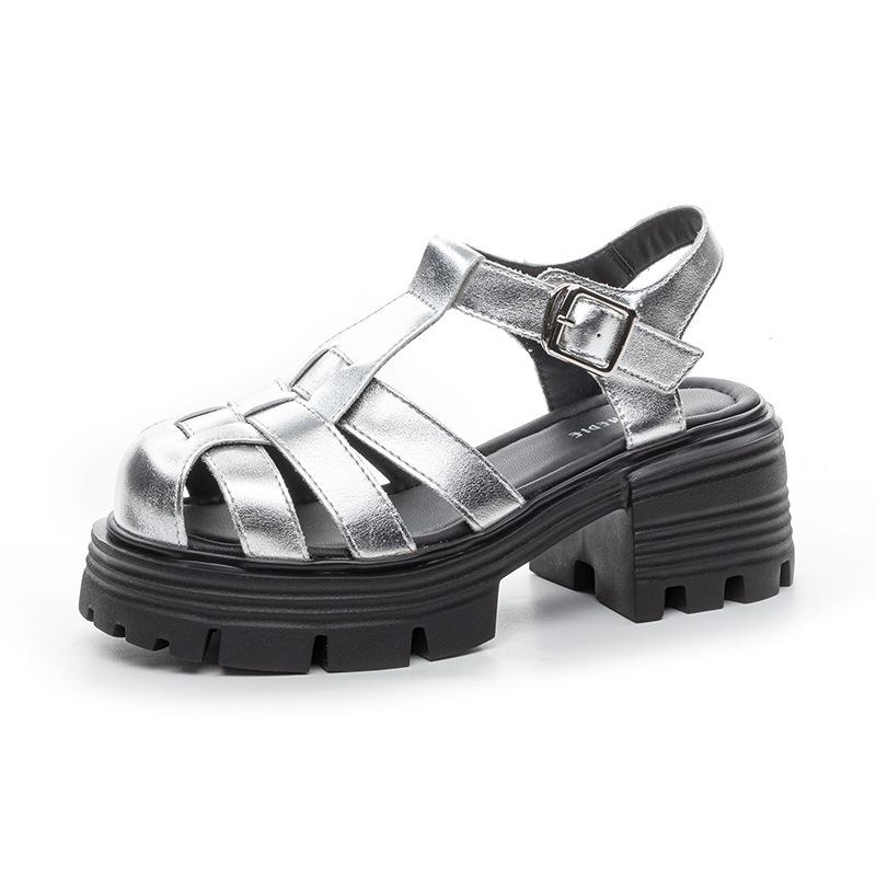Baotou Roman Sandals Women's 2025 Summer New Leather Thick-soled Muffin Shoes Woven Hollowed-out Thick-heeled Pig Cage Shoes