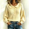 Women's Fashion Long Sleeve Knit Top with Round Neck, Button Front and Ruffle Trim