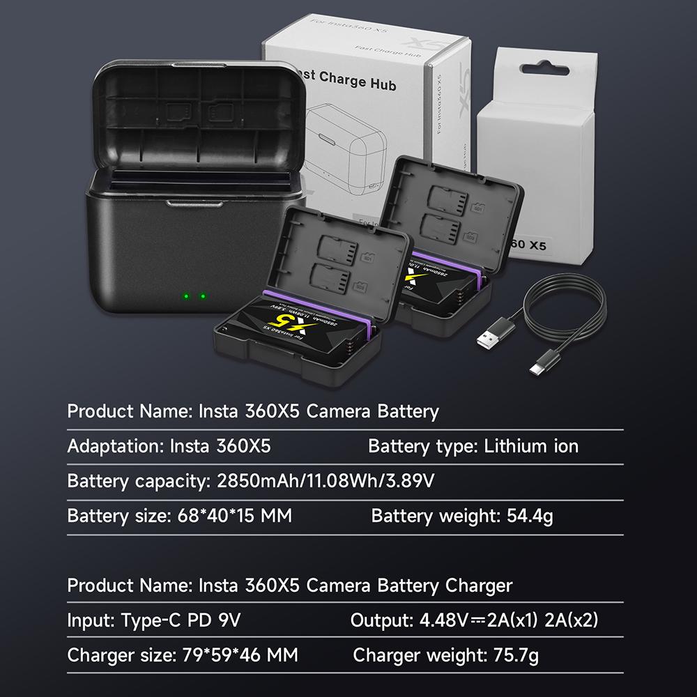 2850mAh Hohe Kapazität Für Insta360 X5 Kameraakku+2-Slot LED tragbares Schnellladegerät Für Insta 360X5 Actionkamera Zubehör