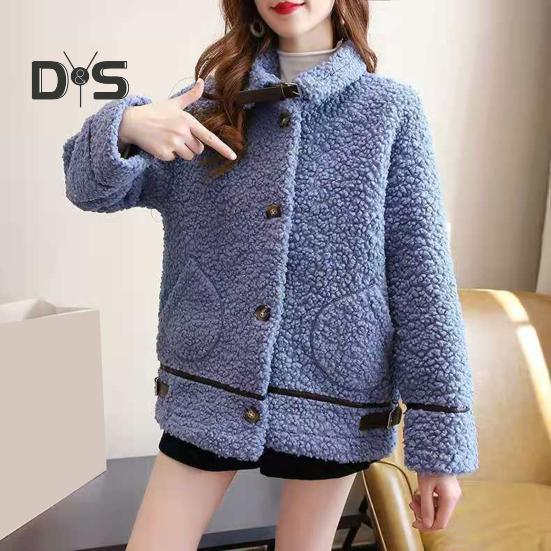 Winter Women Coat Single-breasted Turn-down Collar Long Sleeves Loose Thick Plush Pockets Belt Decor Windproof Warm Jacket