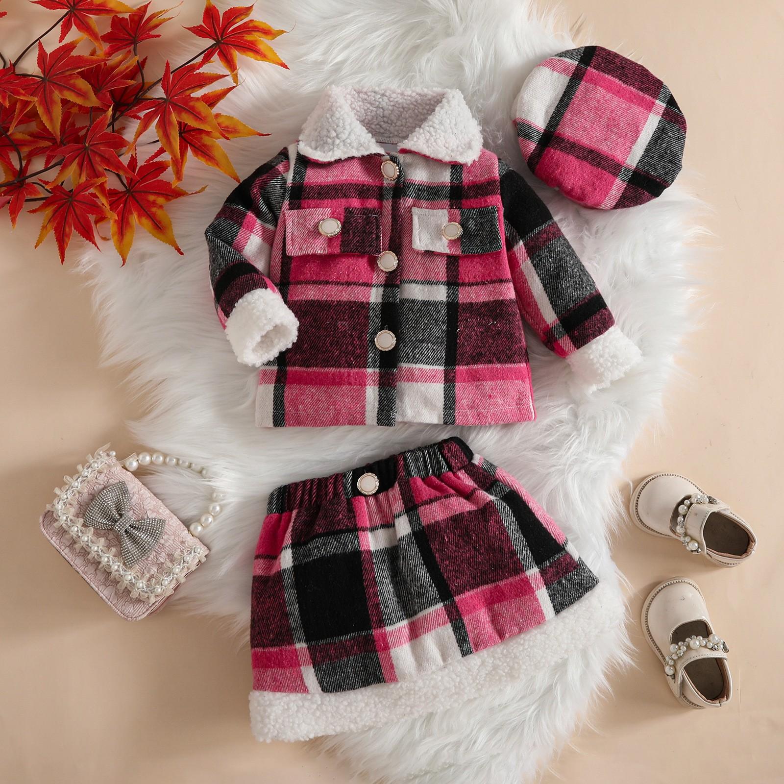 Autumn Winter Baby Xiao Xiang Feng Mao Mao Casual Worsted Lapel Plaid Single-Breasted Coat Skirt Beret 6-9M розы красного