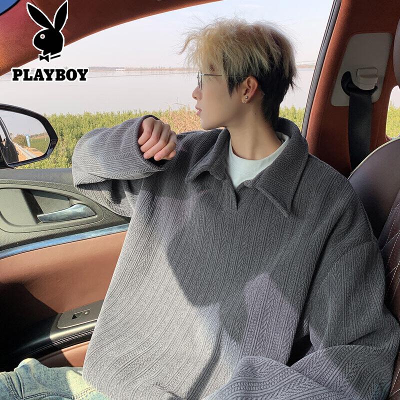 PLAYBOY Men s Spiked Grain Polo Neck Long Sleeve Tee L