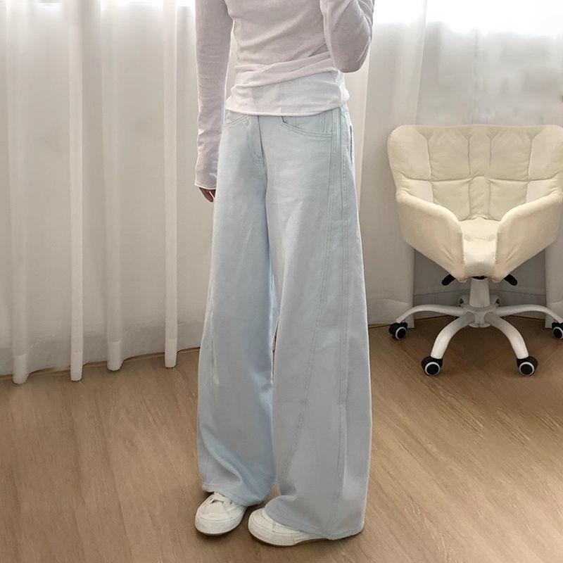 

Небесно-голубые джинсы с высокой посадкой и широкими штанинами: Женское, Свободного кроя, Приталенное, Длиной до пола, Универсальное для ранней весны L