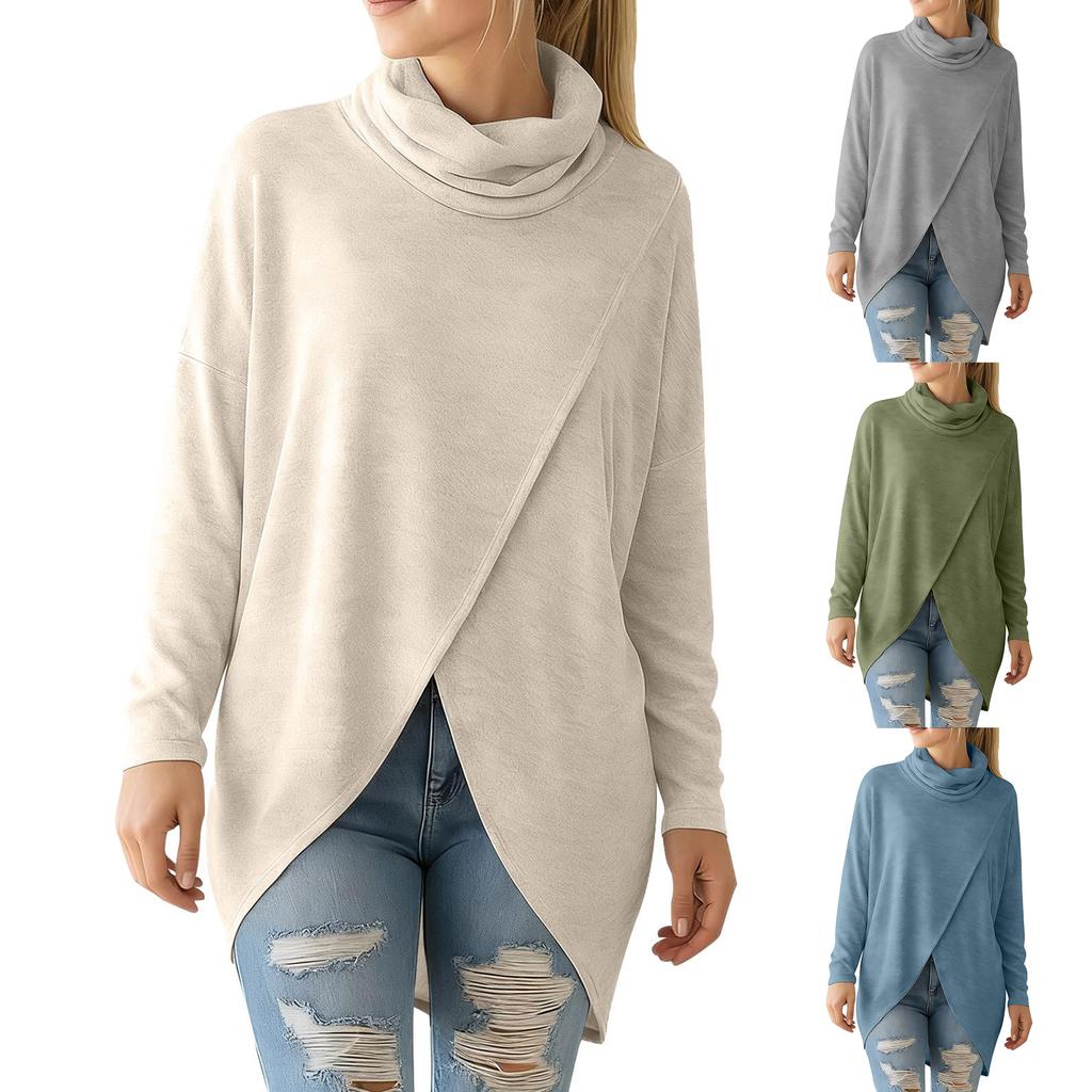Top Pullover Casual da Donna a Collo Alto a Maniche Lunghe Lento con Orlo Spaccato Davanti, Top a Collo Alto per Autunno e Inverno