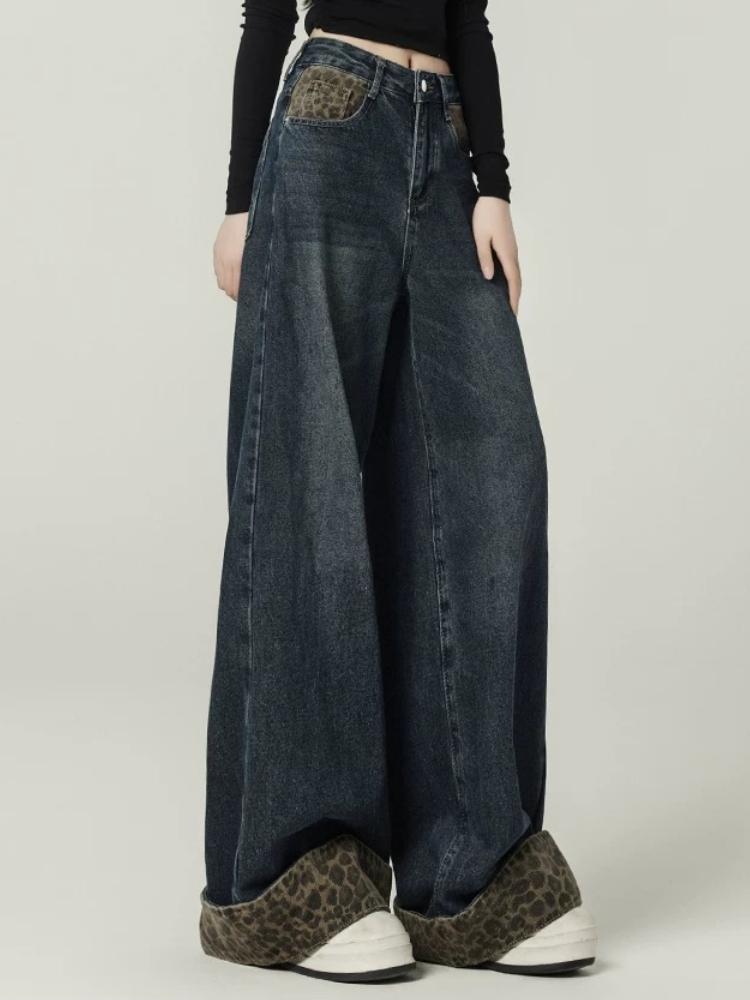 Design Sense Retro Stitching Leopard Print Rolled Jeans Women's Mop Pants Autumn and Winter New Loose Wide-leg Pants Ins