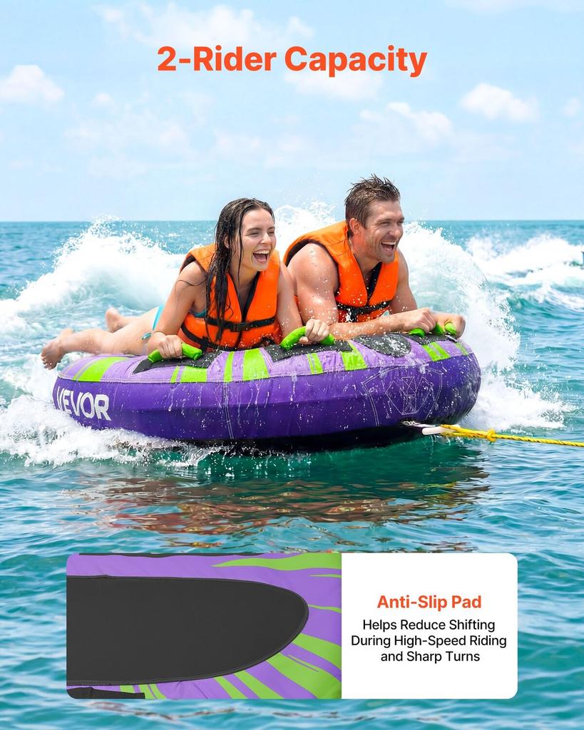 Towable Tubes for Boating, 2-Rider Inflatable Boat Tubes and Towables, 154kg Capacity Water Sport Tube for Boat to Pull - with Anti-Slip Pad, Full