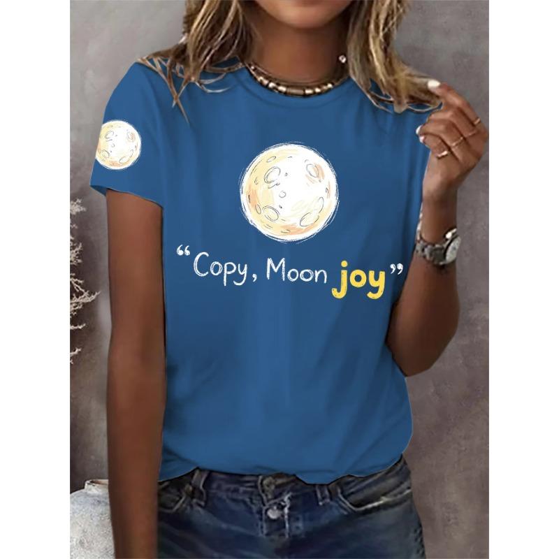Ilstile Women's Artemis II Copy Moon Joy Print T-Shirts Summer Short Sleeve Tops Casual Round Neck T Shirt Black White Tees