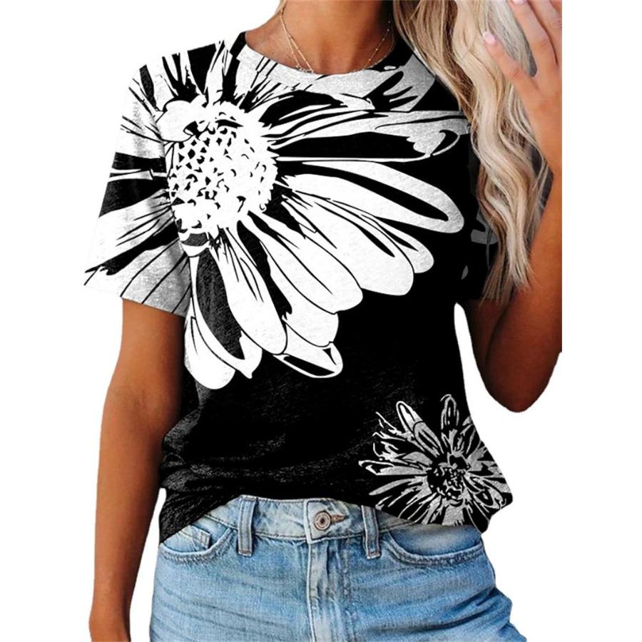 

Летняя повседневная футболка с цветочным принтом для женщин с круглым вырезом и коротким рукавом 6XL чёрный