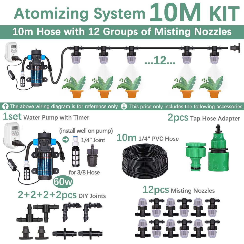 30-10m 60W Self-priming Pump Kit Misting Cooling System 1/4" 4/7mm Adjustable Nozzle Atomizer Sprayer Garden Irrigation Watering