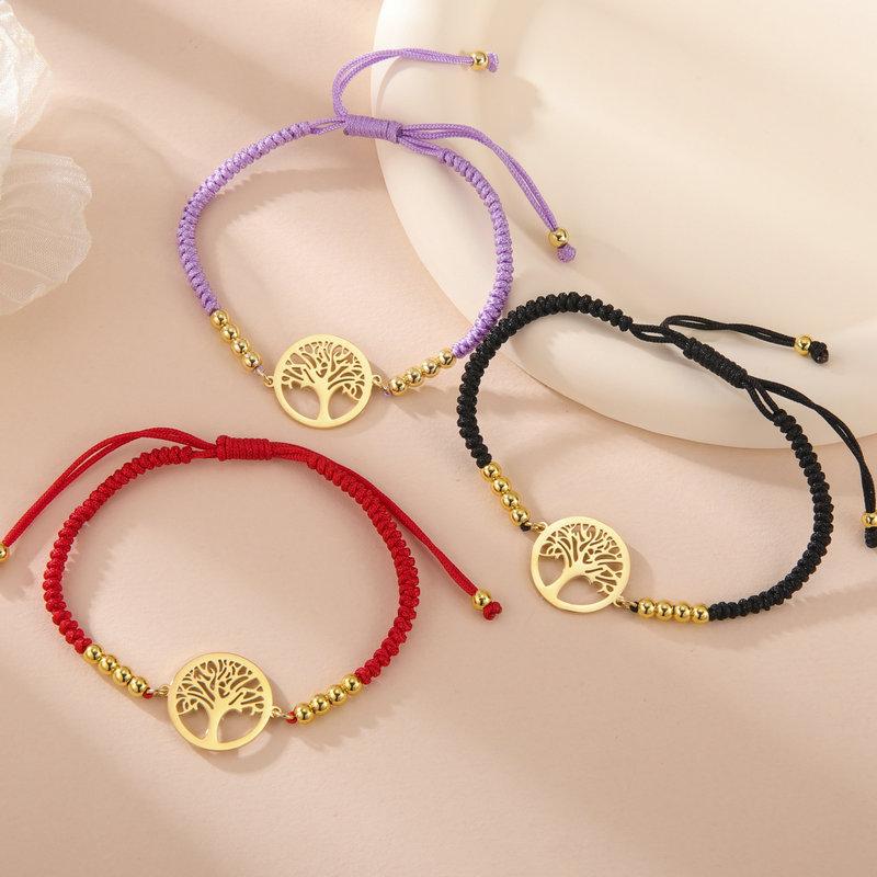 Adjustable Red Cord Bracelet With Hollow Tree Of Life Round Pendant Versatile Metal Chain Jewelry For Women And Men