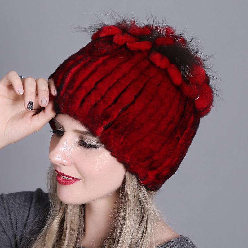 Damen-Herbst-Winter-Rex-Kaninchenhaar-Fell, warm, verdickt, bunt, Strickmütze