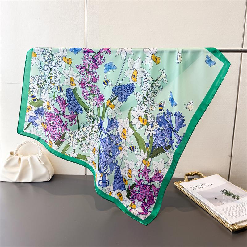 

70Cm Summer Butterfly Floral Square Scarf Soft Satin Silk Boho Beach Vacation Bandana for Women Neck Hair Headband Bag Accessory 70X70CM