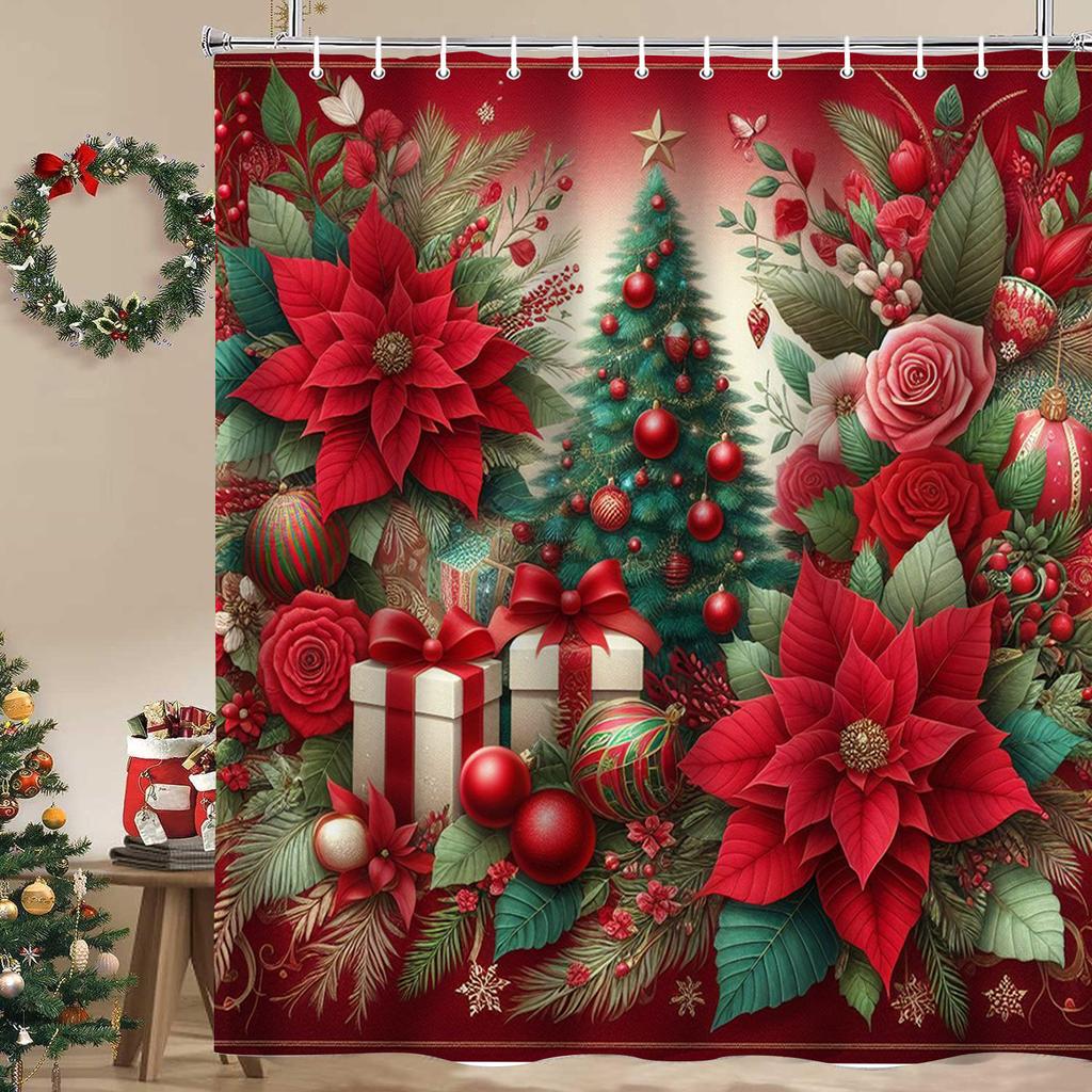 Christmas Tree Stocking Bells Print Bathing Curtain  Bathroom Shower Curtain With 12 Hooks Bathroom Home Decor and Accessories