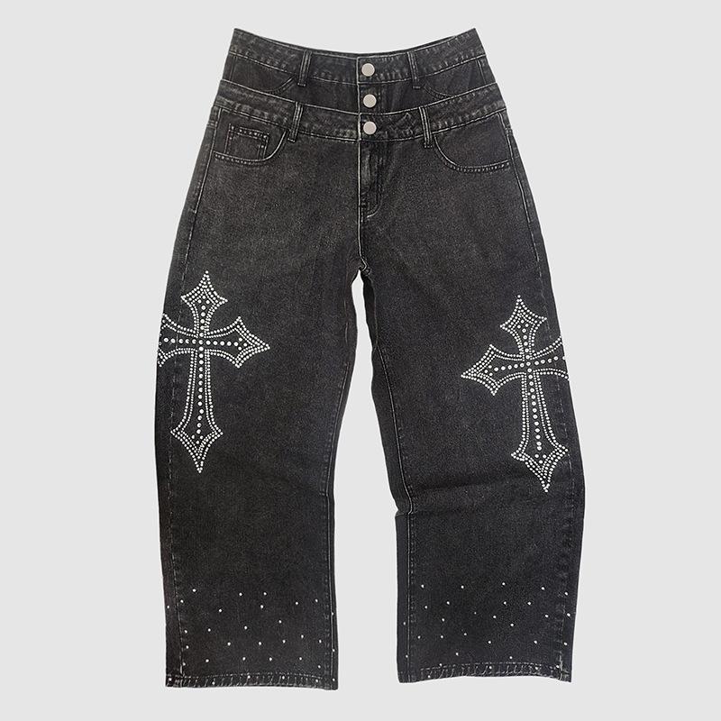 Double-waisted trendy men s jeans with unique rhinestone detailing, high-quality new high-end loose-fit trousers S чёрный