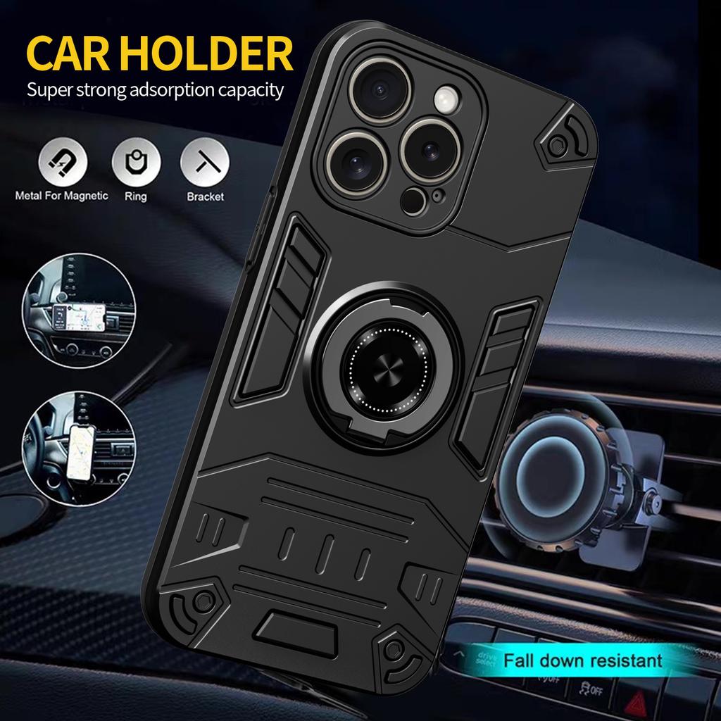 For iPhone 15 Pro Case with Ring Holder Kickstand PC + TPU Anti-Fall Phone Cover