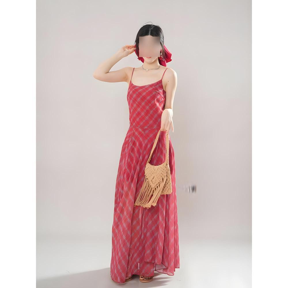 Retro Super Good-looking Fashion Temperament Waist and Thin Red Plaid Suspender Dress Casual Women's Clothing Summer