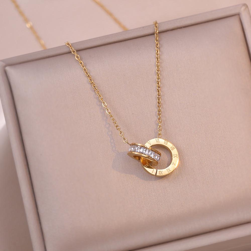 Women's Rose Gold Zircon Double Ring Necklace - Japanese & Korean Style