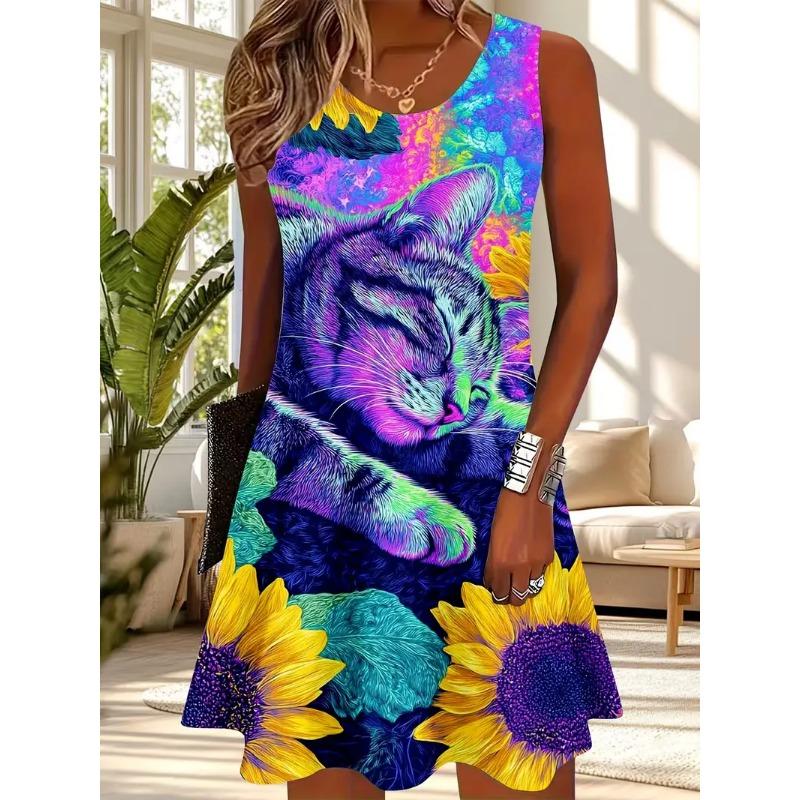 Летнее платье без рукавов с принтом, без карманов S