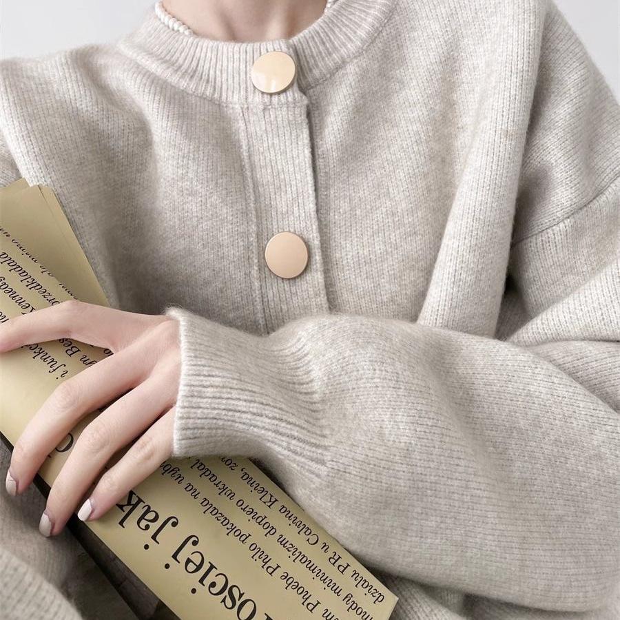 Thick Knit Single-Breasted Solid Color Cardigan - Loose Fit, Round Neck