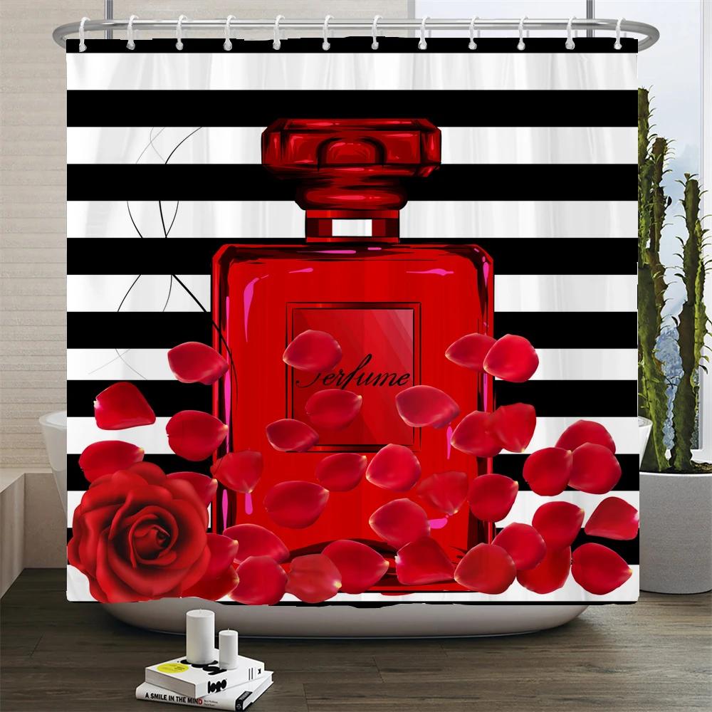 Perfume Bottle Flower Shower Curtain Set Black White Stripes Fashion Girl Woman Bathroom Decor Polyester Bath Curtains Hooks