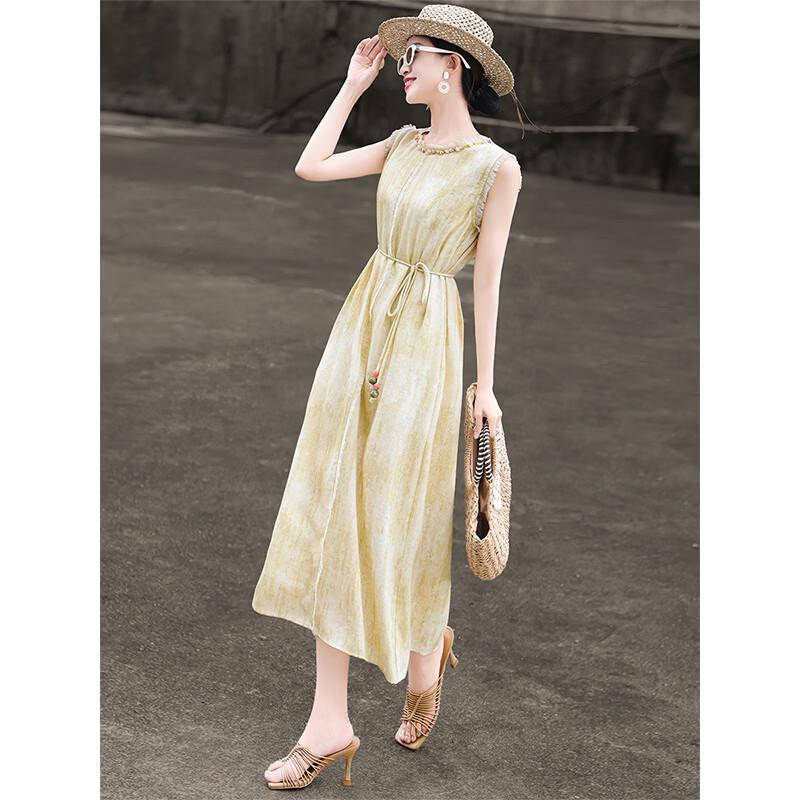 Lanse er 2026 Summer French Style Beaded Sleeveless Loose Dress M
