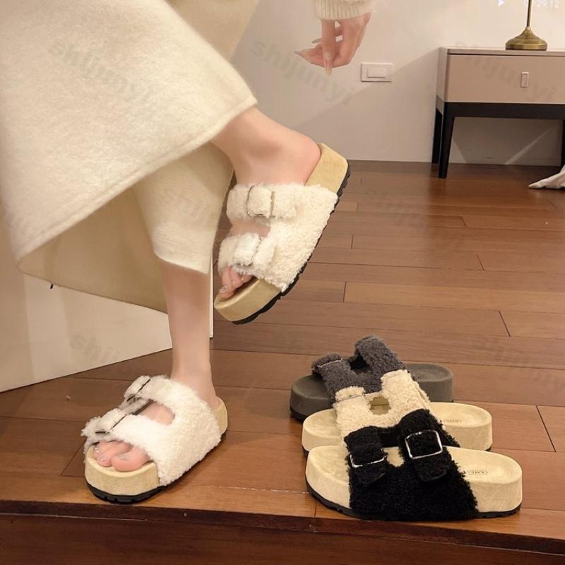 Fashion Women's Outdoor Plush Shoes Autumn New Buckle Strap Non Slip Casual Flats Comfortable Height Increase Fashion One Word Slippers