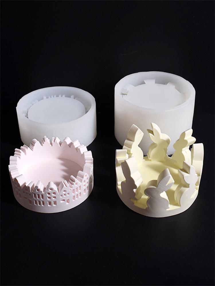 Ostern Hohl Kaninchen Silikonformen DIY Teelichthalter Gips Gips Zement Betonform Haus Ornament Form