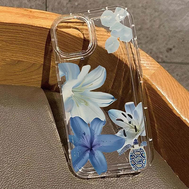 Elegant Blue Lily Pattern TPU Phone Case For iPhone 16 14 Pro Max 13 12 11 Pro Max 14 15 Plus XS XR X 16E 7 8 Plus Back Cover