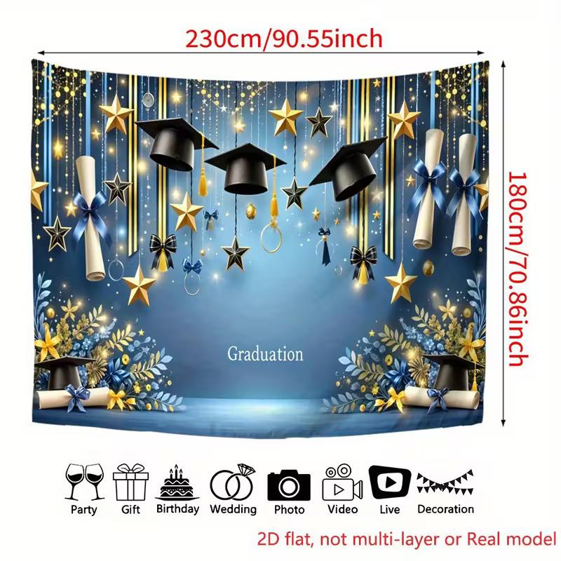 2D Graduation Photography Backdrop Blue Gold Cap and Scroll Party Background