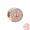 Authentic 925 Sterling Silver Rose Gold Round Cutout Pavé & Heart Anniversary Charm Fit Fashion Bracelet Jewelry Graduation Gift