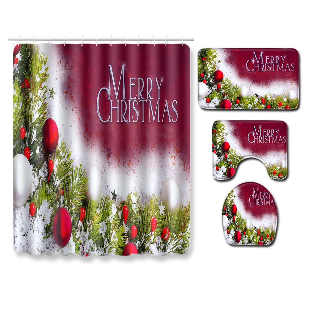 Christmas Bathroom Non-Slip Door Mat, Shower Curtain Floor Mat Combination Four-Piece Toilet Absorbent Carpet