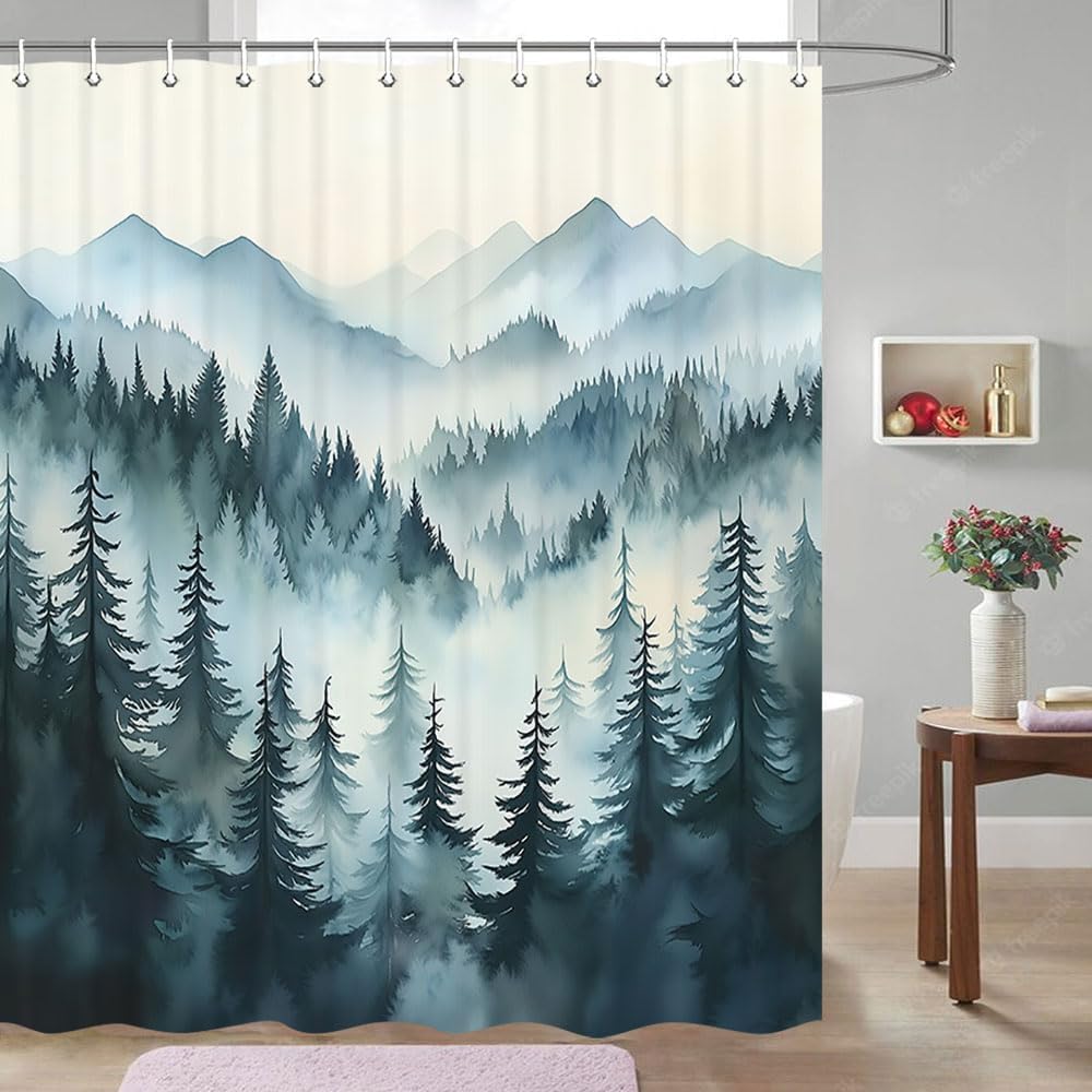 Watercolor Forest Shower Curtain Green Pine Trees Mountain Scene Misty Atmosphere Nature Design Waterproof Bath Linen Home Decor