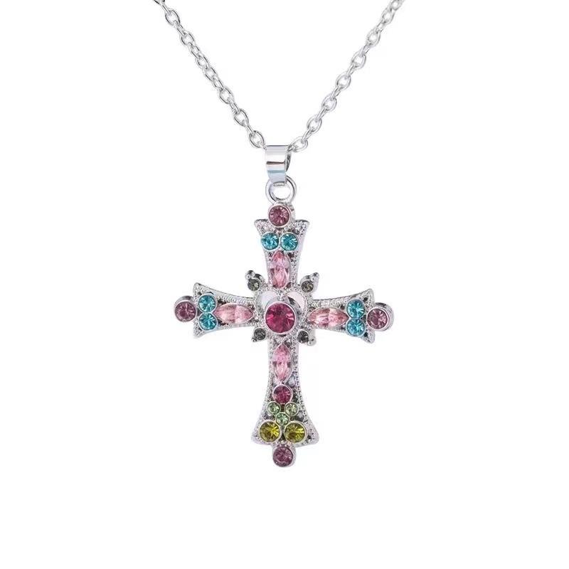 Colier cu cruce de zircon Y2K, roz violet, inimă de dragoste, coliere cu pandantiv pentru femei, bijuterii gotice, accesorii pentru fete