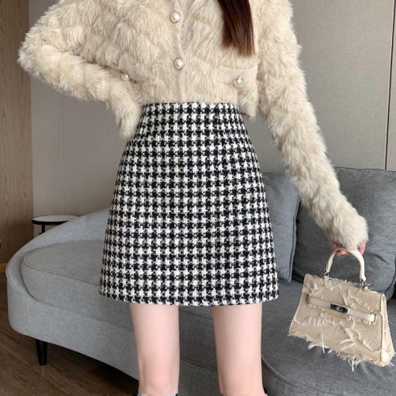 French Retro Houndstooth Woolen A-Line Skirt: Women s Autumn/Winter Hip Wrap, Anti-Exposure Short Skirt XL черный «гусиная лапка»