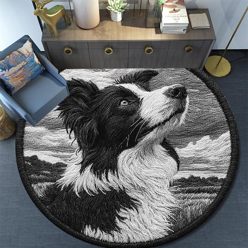 Border Collie Runder Teppich, Teppich für Wohnzimmer Schlafzimmer Sofa Spielzimmer Dekoration, Rutschfeste Bodenmatte
