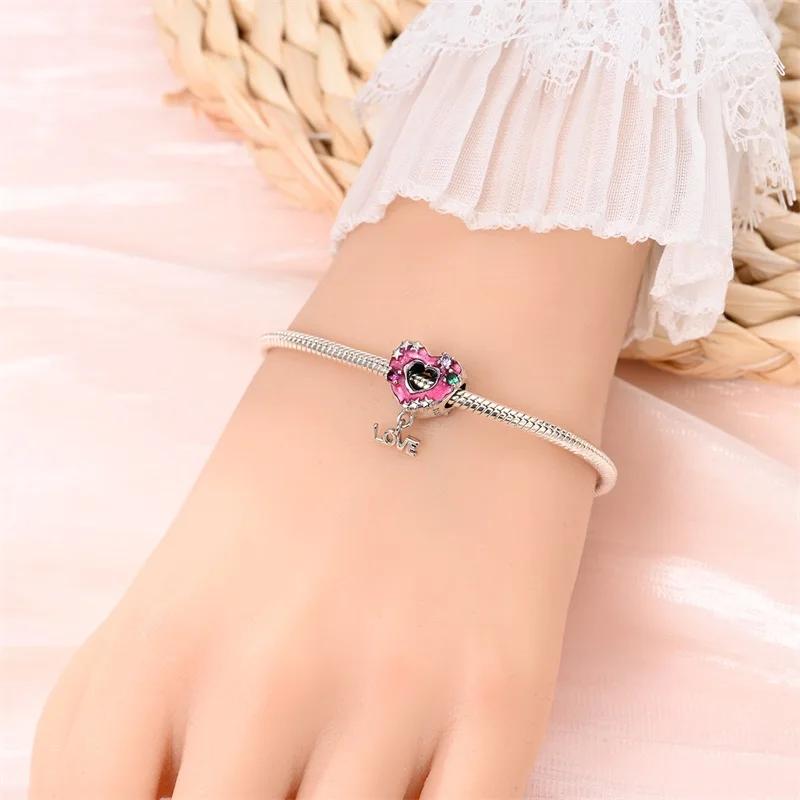 925 Silber Rosa Zirkon Liebesperlen Anhänger Passend für Armband Damen Schmuck DIY Geschenk Zarte Accessoires Jahrestag Geschenk