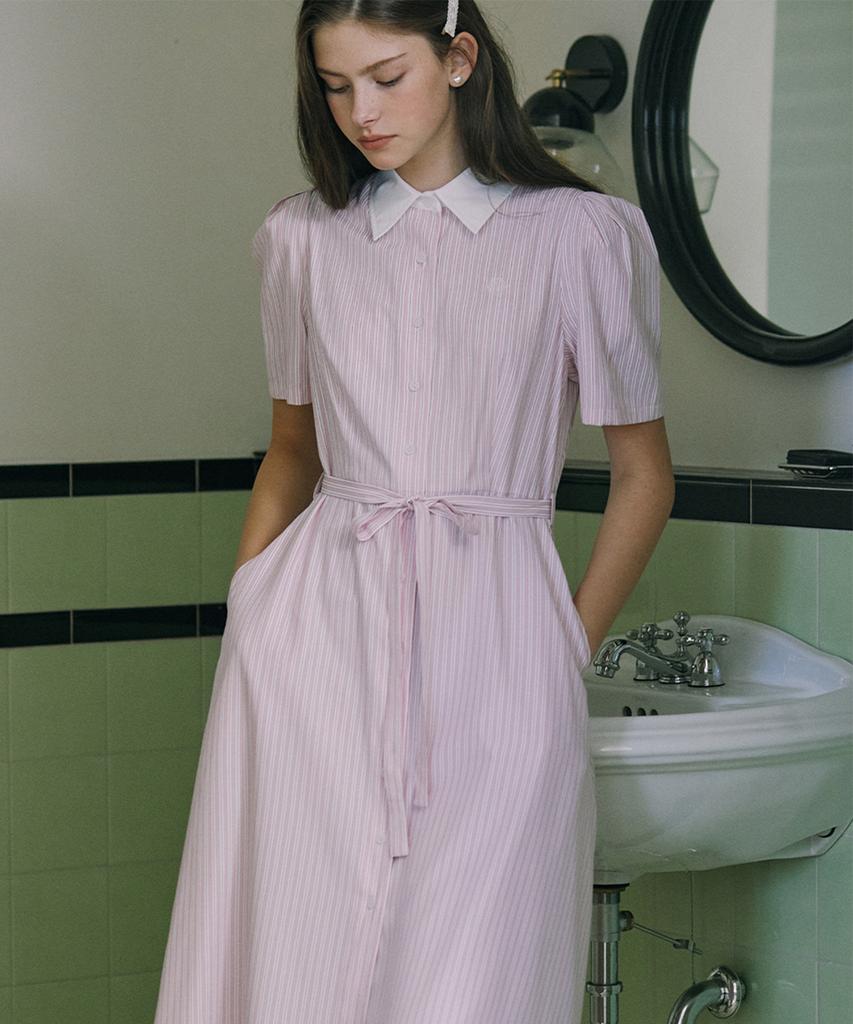 Nonlocal Puff Stripe Shirt Dress - Pink