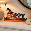Festive Tabletop Display Wooden Halloween Table Ornament, Trick or Treat/Boo/Happy Desktop Decoration Creative Festival Signs with Ghost Wizard