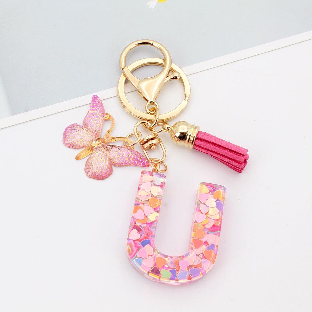 Fashion A-Z Letters Acrylic Keychain for Women Pink Butterfly Tassel Alphabet Car Key Ring Bag Charms Accessories Gift Jewelry