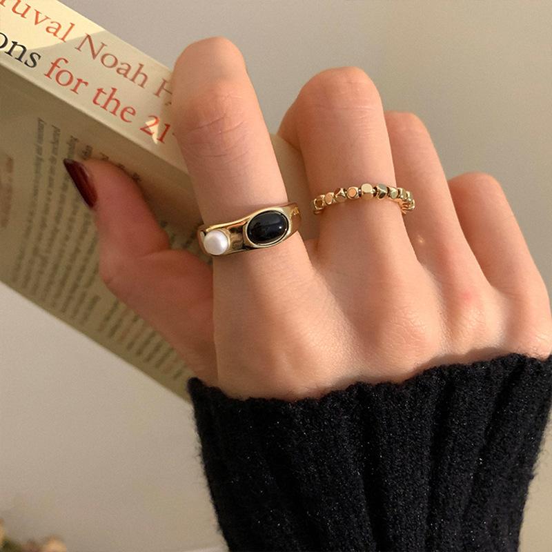 Geometric Stylish Vintage Black Agate Ring Modern Adjustable Copper Ring For Women