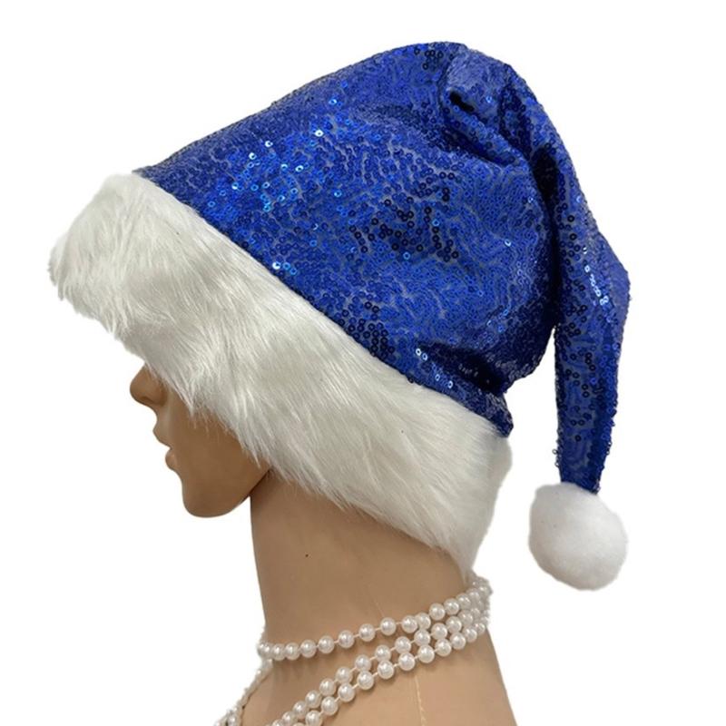 Shimmering Christmas Hat for Adult Kids Santa  Caps with Furry Trim Festival Costume Noel Hat Holiday Sequined Hat