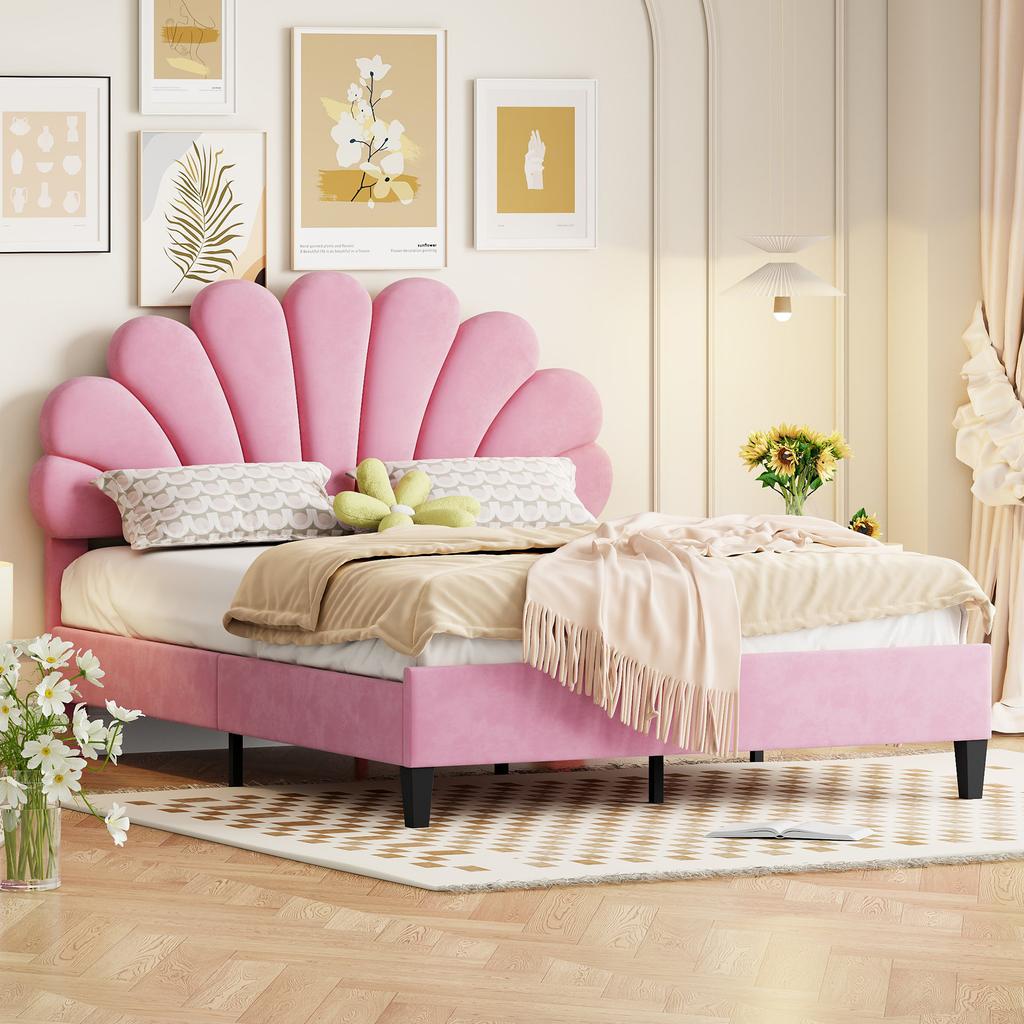 Letto Matrimoniale Imbottito 140 x 200 cm, Struttura con Testiera a Forma di Fiore e Rete a Doghe, per Adulti-Ragazzi in Tessuto di Velluto Amico della Pelle, Letto per Ospiti Rosa