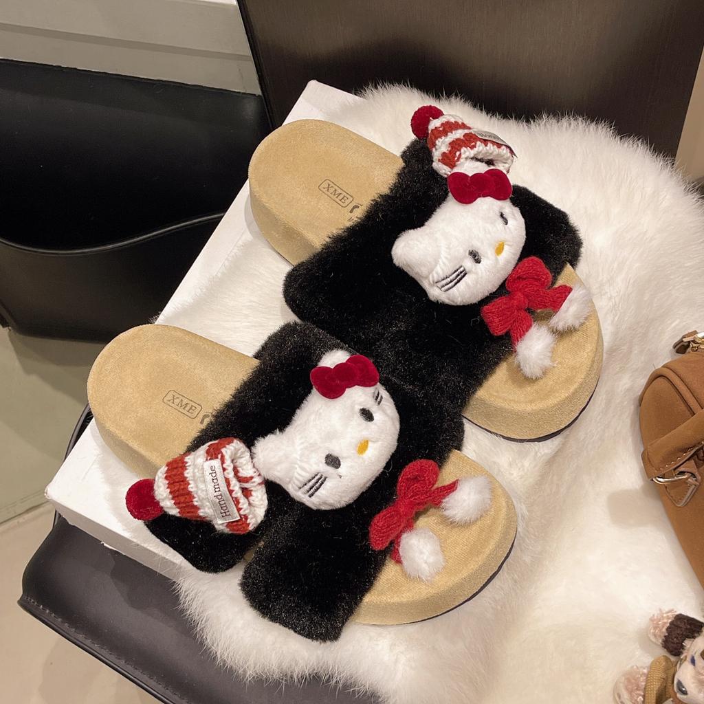 Kätzchen süße flauschige Hausschuhe Damen Oberbekleidung 2025 Herbst und Winter neu lässig Ein-Pedal dicksohlige Baumwollhausschuhe Damen