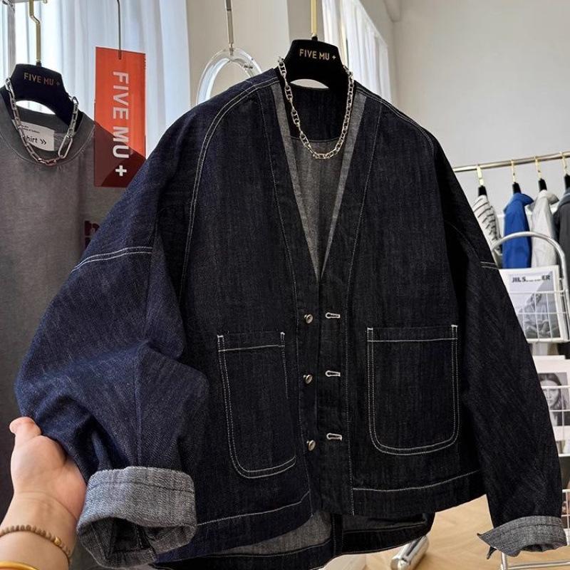 Elegant V-Neck Batwing Sleeve Denim Jacket - Japanese & Korean Inspired Spring Casual Outfit for Women