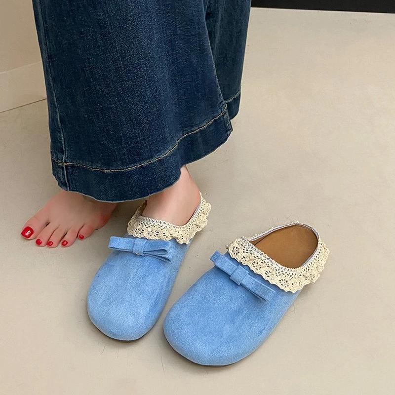 Modne Damskie Klapki Baotou Lato Nowe Okrągły Nosek Zamsz Kokarda Motylkowa Antypoślizgowe Odporne na Ścieranie Płaskie Buty