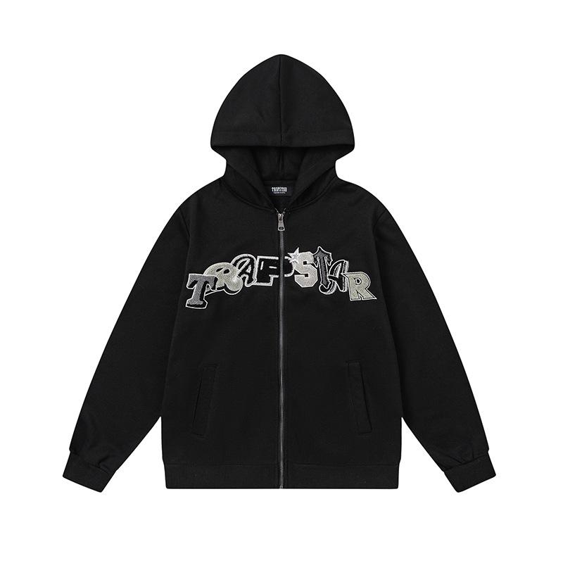 Trapstar towel embroidered letters fleece-lined zipper jacket, hooded sweatshirt pants, couple set