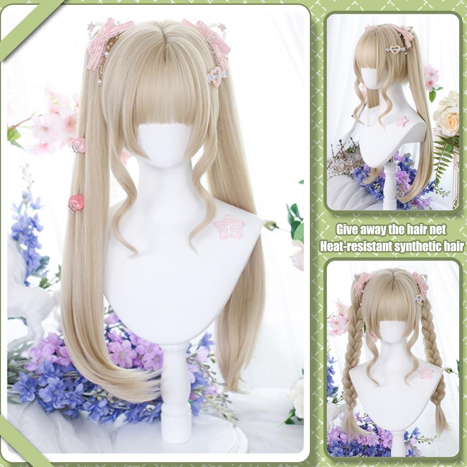 Long Straight Hair Double Ponytail Synthetic Wig Female Straight Bangs Lolita Cosplay Festival Straight Hair Double Ponytail Wig