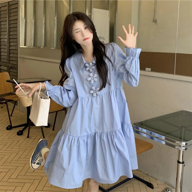 Dresses Women 3D Flower Y2k Autumn Hotsweet Korean Style Simple Long Sleeve High Street All-match Temperament Knee-length Daily